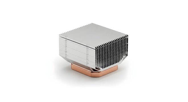 Close up of a rectangular silver and copper heatsink on a white surface in a studio setting