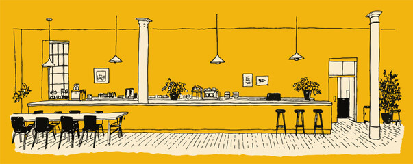 A yellow room with a long bar and a lot of chairs. The bar is long and has a lot of stools. There are potted plants on the bar and in the room © annetdebar