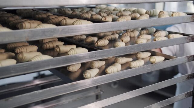 Croissants Dough on Baking Trays in Bakery Production Line
