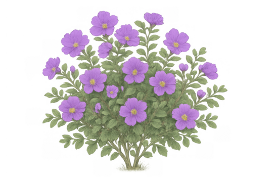 Purple flowers blooming on a green leafy bush, creating a vibrant natural element. Illustration on transparent background