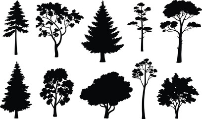 Tree silhouette icon set with diverse foliage shapes, conifer and broadleaf forms in black vector style