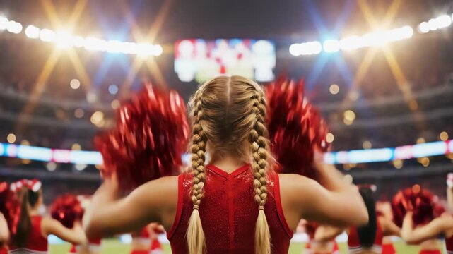 Rear view of a cheerleader with pigtails and red uniform, holding pom poms up in a stadium, concept for sports excitement, high school spirit and team support