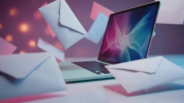 Modern laptop with mail envelopes levitating around on a soft light blue desk, concept for email marketing strategy, online communication and direct mail campaign and enhance the future plan