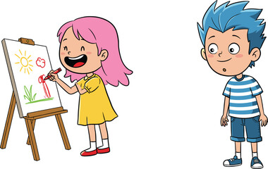 Cartoon, children, drawing, easel, art, creativity, classroom, learning, education, boy, girl, colorful, marker, flower, sun, grass, playful, happy, illustration, school
