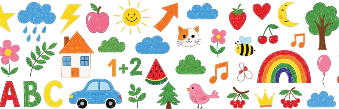 Collection of colorful cartoon illustrations for children s education and fun activities