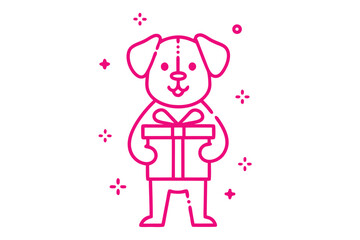 Pink dog standing while holding a present box outlined, with sparkles around it