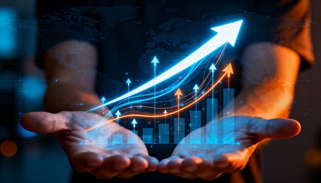 Cupped Hands Holding a Digital Projection of a Bar Chart and Upward-Trending Arrow, Symbolizing Global Financial Growth and Future Investment - Powered by Adobe