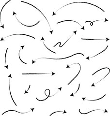 Artistic set of textured black brush stroke arrows indicating various directions and curves