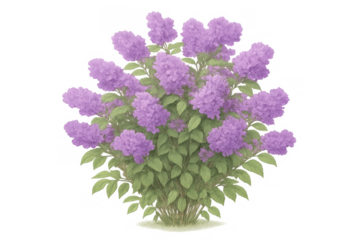 Lilac bush isolated with purple flowers and green leaves creating floral decoration on transparent background