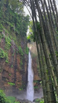 Koban Kapas Biru is a waterfall in the tropical jungles of East Java, descending from a high cliff into a lush green canyon surrounded by tropical forests with vibrant vegetation.Lumajang River. 4К