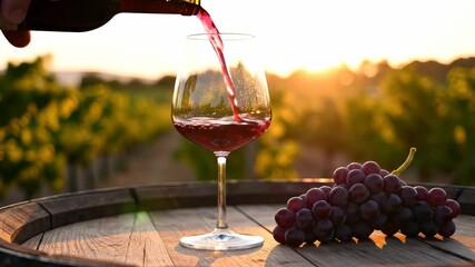 Pouring red wine into a glass with grapes on a barrel in a vineyard at sunset, concept for wine tasting events, romantic evening celebrations and viticulture promotion