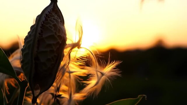 Milkweed seed pod releasing seeds at sunset, natural beauty and golden hour concept