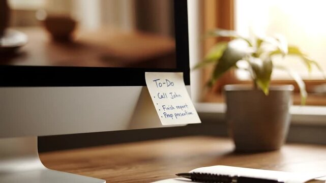 A yellow sticky note with a 'To-Do' list is affixed to a modern computer monitor on a desk