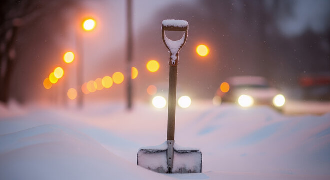 Snow shovel standing in deep snow with street lamps at night