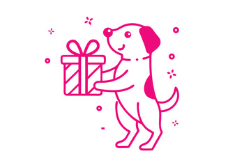 Line art shows pink dog holding a wrapped gift standing on its hind legs