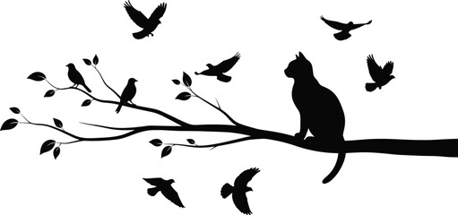Cat silhouette on tree branch, birds flying vector, animal wildlife illustration, predator prey scene, nature artwork design, black and white graphic