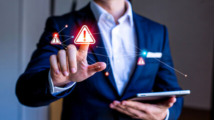 Cybersecurity and risk management concept with digital warning icons and touchscreen interface in business setting