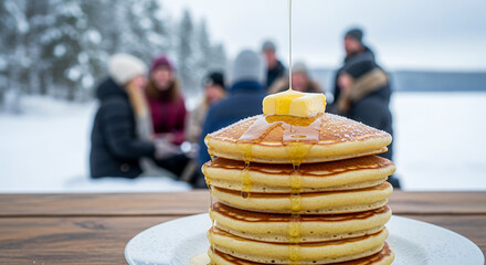 Stack of pancakes with syrup and butter in winter outdoor setting  