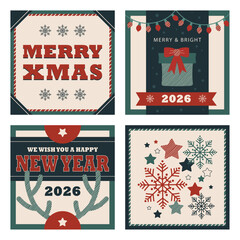 Christmas holidays flat badge design banner set. Blue, red, teal and beige winter holidays square framed label vectors.