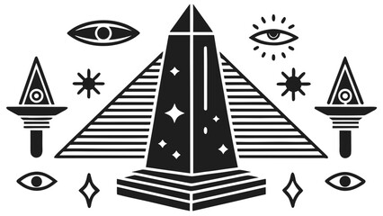 Esoteric pyramid with all-seeing eyes and mystic occult symbols
