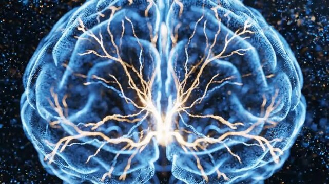 Swirling Data Particles Forming a Glowing 3D Brain in Cinematic Scientific Detail