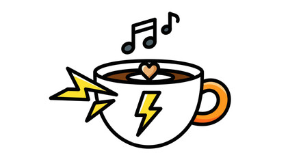 Coffee cup with lightning bolts and musical notes representing energy and creativity.