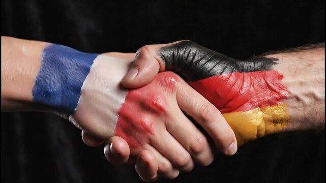 Two hands painted with the French and German flags are clasped together in a handshake, representing unity between the nations