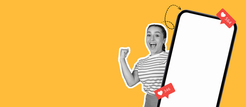 A person expresses joy while celebrating social media notifications, holding a large phone displaying likes and comments. The vibrant yellow background adds a lively touch to the scene.