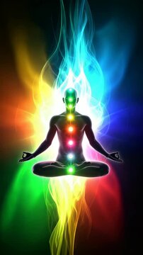 Meditating human silhouette with glowing chakra points in a lotus pose radiating colorful energy fields for spirituality and wellbeing