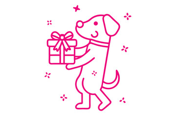 Pink outline dog stands holding a present with a bow and star details