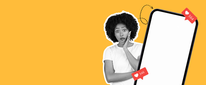 A woman with curly hair expresses surprise while looking at her phone. The background features a bright yellow color, enhancing the energetic vibe of the scene.