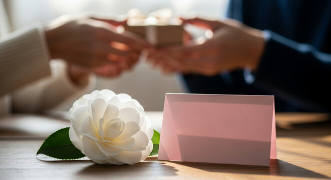 Couple exchanging gift with flower and blank card on a table  
