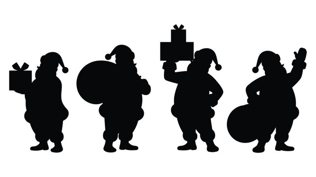 black silhouette santa claus icons in various festive poses with gifts and sacks, perfect for christmas holiday designs