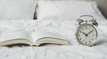 Open Book and Alarm Clock on Bed with Soft Bedding Textures