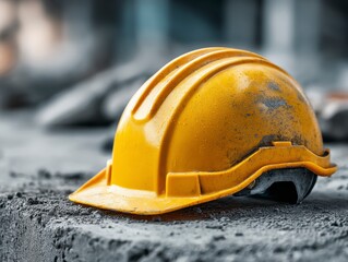 Bright Yellow Construction Helmet on Dusty Concrete Surface