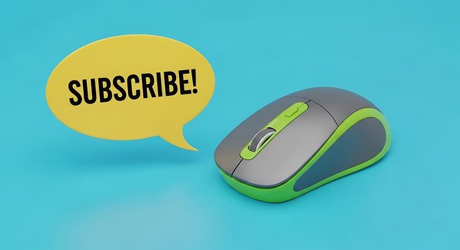 A computer mouse with a yellow speech bubble saying subscribe on a blue background