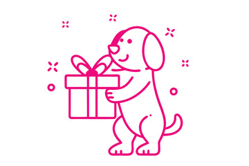 Line art depicts a happy dog holding a present decorated with bow with sparkling accents