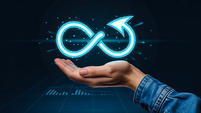 Infinite growth and sustainability concept with glowing neon infinity symbol and rising chart above outstretched hand
