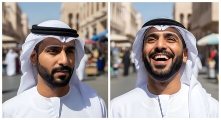 Two men wearing traditional Middle Eastern attire smiling and enjoying a lively outdoor market scene on a sunny day