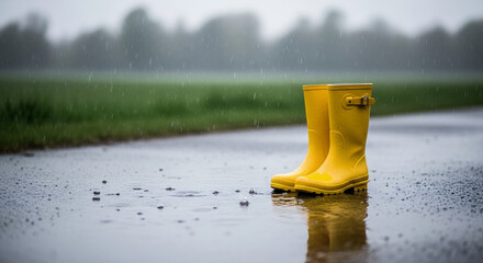 Yellow rain boots standing on wet pavement during a rainy day  