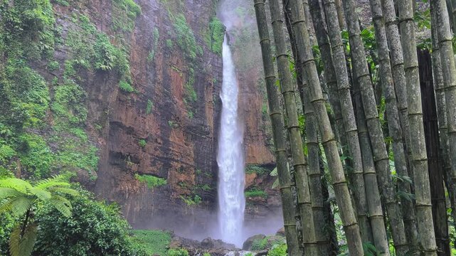 Koban Kapas Biru is a waterfall in the tropical jungles of East Java, descending from a high cliff into a lush green canyon surrounded by tropical forests with vibrant vegetation.Lumajang River. 4К