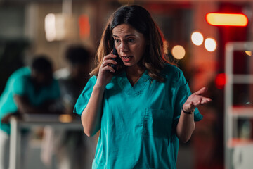 Nurse stressing during phone call at night shift