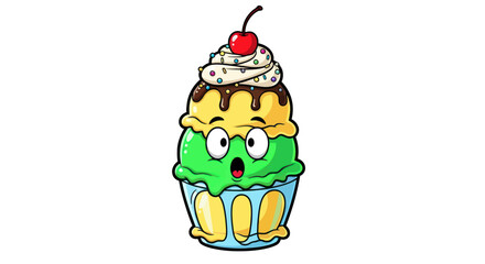 Cartoon ice cream dessert with surprised face and cherry on top.