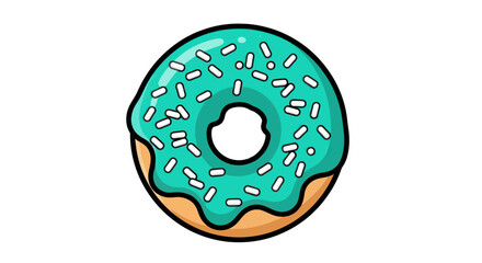 Cartoon donut with bright turquoise icing and white sprinkles.