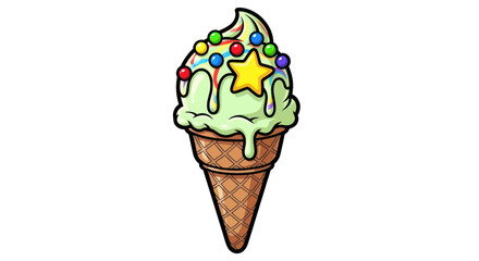 Cartoon ice cream cone with colorful sprinkles and a star.
