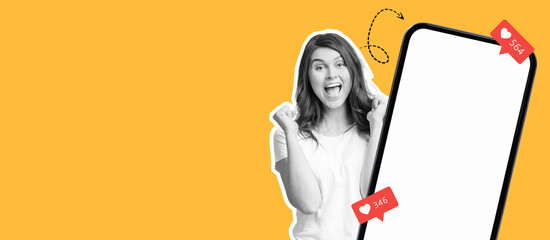 A lively collage features a cheerful person expressing excitement alongside a bright phone display showing engagement numbers.