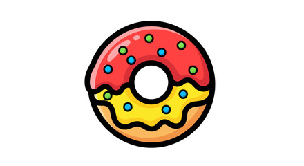 Cartoon Donut with Red Icing and Yellow Filling, Sprinkled with Blue and Green.