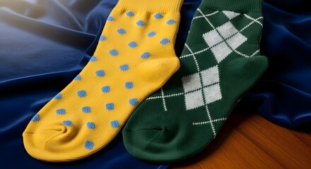 A close-up of a pair of mismatched socks with different patterns, a powerful metaphor for individuality, embracing imperfection, and celebrating diversity