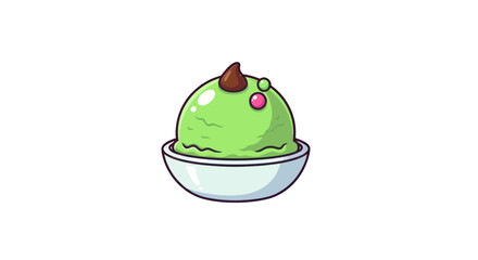 Cartoon Green Ice Cream Scoop with Chocolate Drizzle in Bowl.