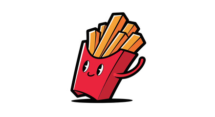 Cartoon french fries in a red box with a happy face and waving arm.